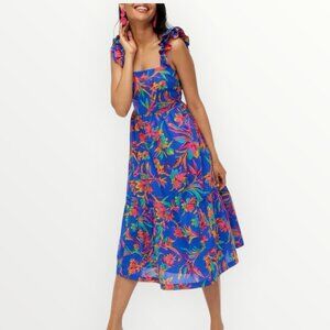J. Crew Factory Tropical Floral Square Neck Smocked Midi Dress